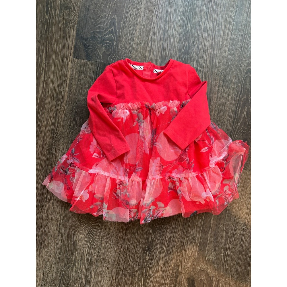 Baker by Ted Baker Baby Girl Red Floral Tulle Dress 6-9 Months Heart Button
